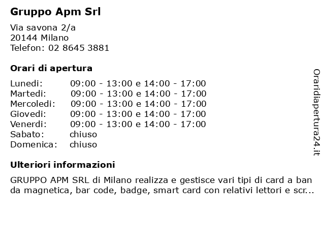 Orari di apertura Gruppo Apm Srl Via savona